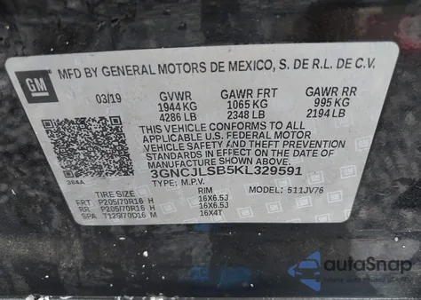 2019 Chevrolet Trax Lt из США, поврежденный, VIN 3GNCJLSB5KL329591